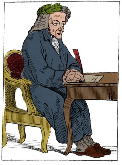 王国崩壊後の1792年9月21日に国民会議で発表されたフランス共和国（1793年）のプレイカード：フランスの作家・哲学者であるフランソワ＝マリー・アルエ（Francois-Marie Arouet dit Voltaire）の特徴を活かした哲学者のキャラクター。 作： Unknown artist