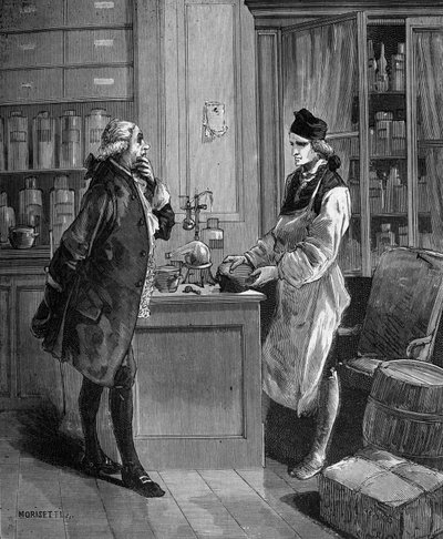 スウェーデンの化学者カール・ウィリアム（ギヨーム）・シェーレ（1742 -1788）と、化学者トーベルン・バーグマン（1735 -1784）の研究室にて。 作： Unknown artist