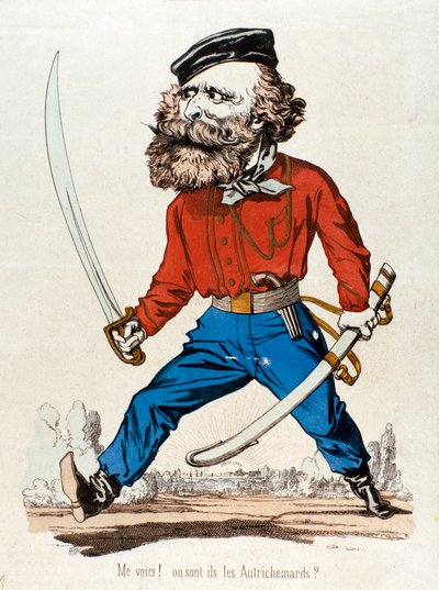 イタリアの愛国者でリソルジメントの英雄であるジュゼッペ・ガリバルディ（1807-1882）が「Me voic！ ou sont les Austrihemards」と叫んでいる様子を描いた漫画 19世紀のエングレーヴィング 個人蔵 - イタリアの愛国者でリソルジメントの英雄であるジュゼッペ・ガリバルディ（1807-1882）。 作： Unknown artist