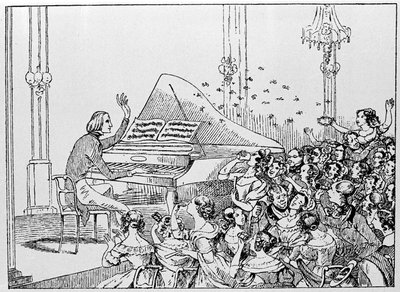 フランツ・リストが1842年にベルリンで行われたコンサートで勝利を収めたときの漫画。 作： Unknown artist