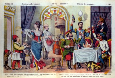 1878年のベルリン会議（Congresso di Berlino）を題材にしたイタリアの新聞「Le Parroquet」（il Pappagallo）の漫画。ベルリン会議は、ロシアのトルコに対する不当な態度を見直すために開催された。トルコ人はハルを受け入れることを余儀なくされた 作： Unknown artist