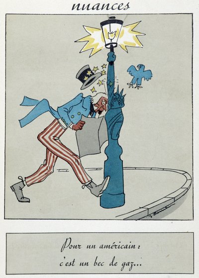 松明の代わりにガスのくちばしをつけた自由の女神を描いた漫画。 作： Unknown artist