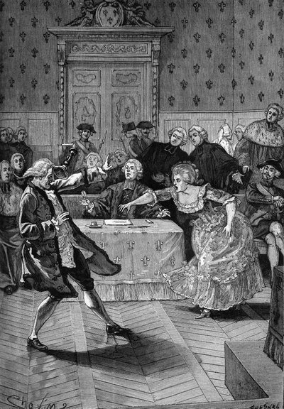 首輪の事件、裁判（1785年～1786年）。パリの議会の前に、ジャンヌ・ド・ヴァロワ＝サン＝レミー（ヴァロワ・サンレミー）、ラ・モット（ラモット）伯爵夫人、ラ・モット＝ヴァロワ伯爵夫人（ラモット＝ヴァロワ、ラ・モット＝ヴァロワ）（1756-1791）が燭台を打ち上げる。 作： Unknown artist