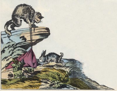 猫がウサギを捕まえる。シャルル・ペローの物語「猫のボッテ」の挿絵 作： Unknown artist
