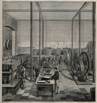 セルロイド：セルロイドの製造。Adolphe BITARDの "Les arts et metiers illustres "に掲載された1885年の図版。 作： Unknown artist