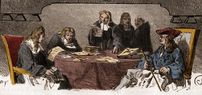 18世紀の検閲。旧体制下では「ブラック・キャビネット」と呼ばれるサービスがあり、安全上の理由から個人的な手紙を調査する役割を担っていた。19世紀のエングレーヴィング。 作： Unknown artist