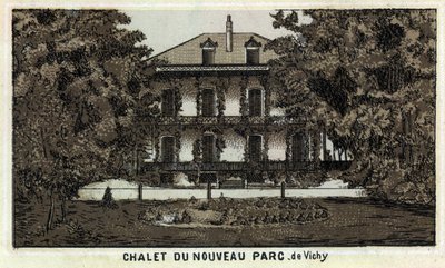 ヴィシーの新しい公園（アリエとオーヴェルニュ地方）のシャレー。19世紀末のクロモリトグラフ。 作： Unknown artist