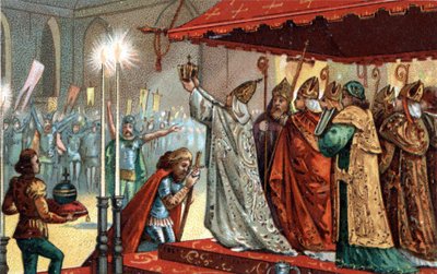 800年12月25日、ローマのサンピエトロ寺院で教皇レオ3世（c750-816）により戴冠されたシャルルマーニュ（742-814） - 800年、教皇レオ3世によるシャルルマーニュ（742-814）の聖別（戴冠式）。 作： Unknown artist