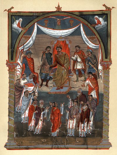 トゥールからの修道士の代表団を迎えたフランス王シャルル2世（823～877年）。パリ国立博物館に保存されている10世紀のミニアチュールをもとに、19世紀にクロモリ版で複製されたもの。 作： Unknown artist