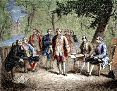 Charles de Secondat Montesquieu with the scientific cenacle at Castle Clairac, France - Le cenacle scientifique du chateau de Clairac: Montesquieu et le baron de Secondat, son, le chevalier de Vivens, Romas et les freres Dutilh - in "Album de la Science; i 作： Unknown artist