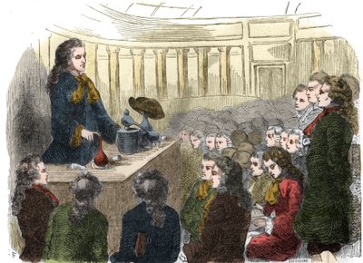 1744年、科学アカデミーで行われたフランスの化学者、ギヨーム・フランソワ・ルーエル（1703-1770）による化学の講義。1861年に描かれた版画。 作： Unknown artist