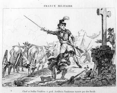 酋長と兵士は歩いている。牛に引かれたヴェンデアンの大砲。19世紀のエングレーヴィング。 作： Unknown artist