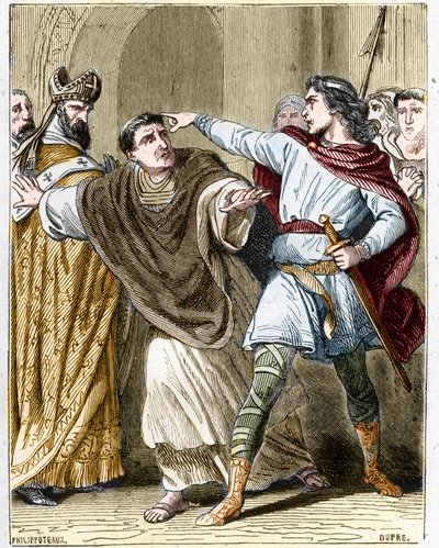 670年から673年までフランク王国の王であったチルデリック2世は、前夜祭のサン・レジェ（616〜675年）をリュクスイユ修道院に閉じ込めた。 作： Unknown artist