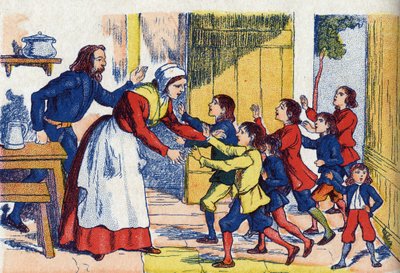 子供向けリターン、フランスの作家シャルル・ペロー（1628-1703）の物語「Le Pepetit poucet」のイラスト。匿名のイラスト。イメージ：Marcel Vagne, Jarville Nancy, undated (19世紀後半). 作： Unknown artist