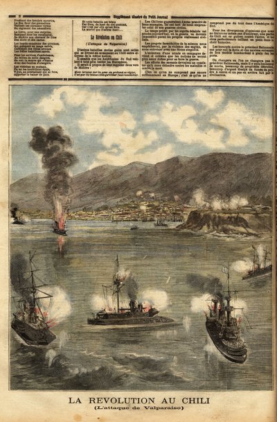 独立して間もない内戦中のチリでは、ホセ・マヌエル・バルマセダ大統領（1840-1891）の影響力と政策に対抗するため、コングレスと呼ばれる反乱軍の戦艦がチリの港を空襲した。Le petit」に掲載されているエングレーヴィング 作： Unknown artist