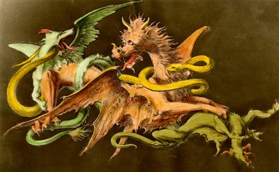 Chimeres 2匹のモンスターと戦うドラゴン。19世紀のエングレーヴィング。 作： Unknown artist