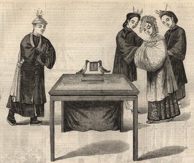 中国の習慣：結婚契約書に署名する。二人の配偶者の名前を書いたタブレットが、二羽の鳩と一緒にテーブルの上に置かれている。1857年2月14日の「The Illustrated London News」に掲載された図版。 作： Unknown artist