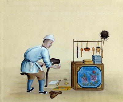 銀のインゴットを切るためにハサミを研ぐ中国の商人。17世紀のドローイング。パリB N 作： Unknown artist