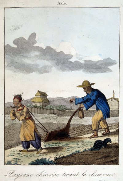 鋤を引く中国の農民。Hocquart編「Habit and Custom of Peoples（民族の習慣と風習）」にて 作： Unknown artist