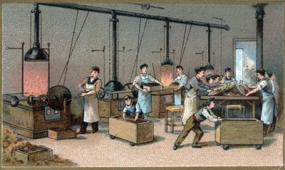 チョコレート作り。ココア・トレファクション・ルーム。19世紀末のクロモリトグラフ 作： Unknown artist