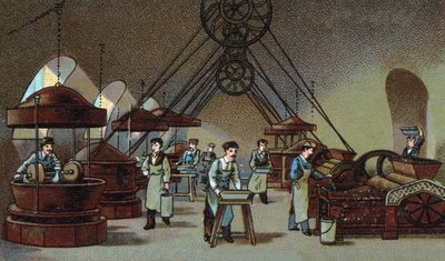 チョコレート製造：研磨作業場19世紀末のクロモリトグラフ 作： Unknown artist
