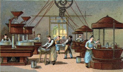 チョコレート製造、ミキシングルーム19世紀末のクロモリソグラフィー 作： Unknown artist