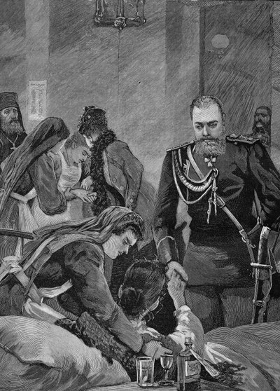 1892年のロシアにおけるコレラ：病院を訪れたロシア皇帝アレクサンドル3世と皇帝夫人マリア・フェオドーロヴナ（Maria Feodorovna, Imperor of Russia）。1892年のエングレーヴィング。 作： Unknown artist