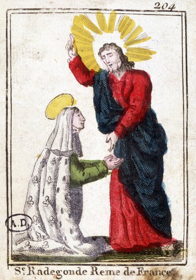 キリストと聖ラデゴンド（520年頃～587年頃）、フランス女王、クロテール（クロテール）1世の妻。19世紀初頭のエングレーヴィング。パリ装飾美術書院蔵。 作： Unknown artist