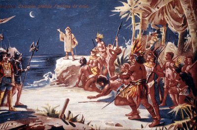 クリストファー・コロンブスがインディアンに月食を予言する様子。19世紀のカラーリトグラフ。 作： Unknown artist