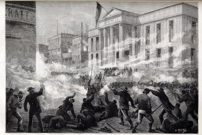 1884年のシンシナティ裁判所の暴動 - 1884年3月28日、悪名高い殺人事件の裁判の結果、過失致死の陪審員評決を受けて始まった暴動。 作： Unknown artist