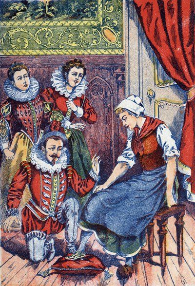 シンデレラがスリッパを試す様子。フランスの作家シャルル・ペロー（1628-1703）の物語「シンデレラ」の匿名イラスト。イメージ：Marcel Vagne、Jarville Nancy、年代不詳（19世紀後半）。 作： Unknown artist