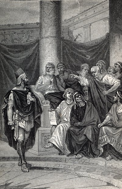 紀元前280年のヘラクレアの戦いの後、ローマ人と交渉しようとするピュロス王の重要な顧問シネアス、1884年のエングレーヴィング。 作： Unknown artist