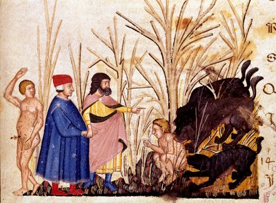 暴力者の輪。ダンテとヴァージルが出会った、他者への暴力。ダンテ・アリギエリ(1265-1321)の「ディヴィーナ・コメディア」より、地獄の歌を描いたイルミネーションページ。14世紀、ヴェネツィア、ビブリオテカ・マルシアーナ 作： Unknown artist