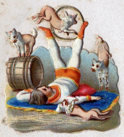 サーカス：キャッチボールをする動物の飼い主は、フープの中を通る犬などを持っている。1890年頃のクロモリトグラフ。 作： Unknown artist