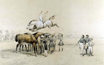 サーカスショー 翼のある馬が目隠しされた3頭の馬を飛び越える。 作： Unknown artist