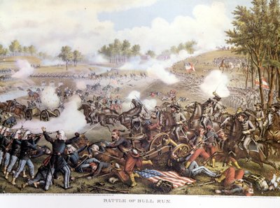 Civil War (1861 - 1865), アメリカ南北戦争 21/7/1861:第一次ブルランの戦い、または第一次マナサスの戦い。バージニア州、ボーレガード将軍が指揮する南部連合軍がマック・ダウエル将軍の北欧軍を破った。エングレービング。 作： Unknown artist
