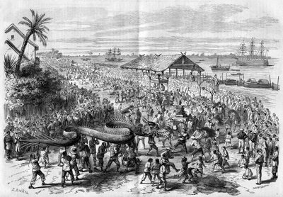 コチンチン：1865年にサイゴンの信徒が組織した毎年恒例の龍の行列。 作： Unknown artist