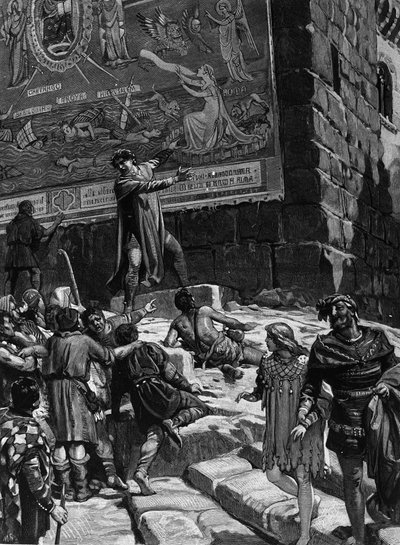 Cola di Rienzo (1314-1354)は、ローマ市民のトリビューンになるためのキャンペーンで、トロイ、エルサレム、カルタゴ、バに囲まれたデカイ海の中でのローマの苦悩を象徴するキャピトルに設置したフレスコ画をローマ市民に説明した。 作： Unknown artist