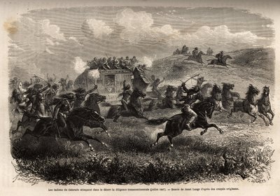 1867年7月、砂漠で大陸横断の勤勉さを襲うコロラドのインディアンたち。M.L.シモナンが1867年に描いた「アメリカ極西の旅」の挿絵（エドゥアール・チャート編「Le tour du monde, nouveau journal des voyages」に掲載）。 作： Unknown artist