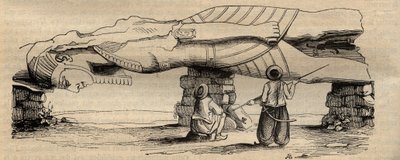 ラムセス2世の巨像は、1820年にイタリア人旅行者ジョヴァンニ・バッティスタ・カヴィリアによって、30メートルほど離れたプタハ神殿の南門の近くで発見された（1838年の彫刻）。 作： Unknown artist