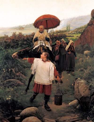 ""Combregar a Muntanya "" 山の中の宗教的なコルテージュ。Mariano VAYREDA VILA(1853-1903)の絵画。スペイン、オロット。Garrotxa Regional Museum。 作： Unknown artist