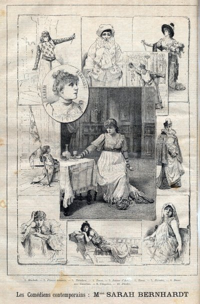 コメディアンのサラ・ベルナール（1844-1923）のマクベス-ピエロの刺客-テオドラ-トスカ-ジャンヌ・ダルク-トスカ-ヘルナム-カメリアの女-クレオパトラ-ペドロン-1895年の「The illustrious Progress」のエングレーヴィング。 作： Unknown artist