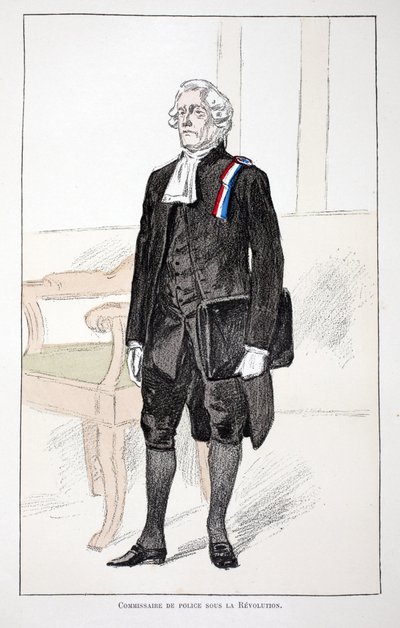 革命時の警察長官（1789～1799年）。アルフレッド・レイ（18歳）によるセーヌ川警部のルイ・ルピーヌ（1846-1933）の後援で出版された本「平和の戦士たちの歴史」の挿絵のためのカラー・エッチング。 作： Unknown artist
