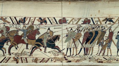 征服王ウィリアム（1027-1087）が1066年にイングランドで行ったコンクェート（イングランド王ハロルド2世のサクソン人歩兵にノルマン人騎兵が挑む戦闘シーン） バイユー・タペストリーの詳細またはマチルド王妃の刺繍 作： Unknown artist