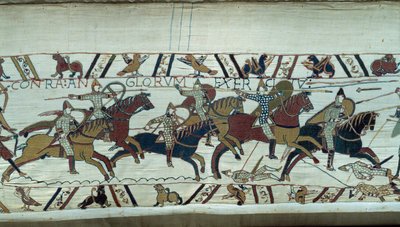 ノルマンディー公爵によるイングランド征服 1066年 征服王ウィリアム（1027-1087）：ヘイスティングスの戦いで突撃するノルマン騎兵 バイユーのタペストリーまたはマチルド王妃の刺繍の詳細 作： Unknown artist