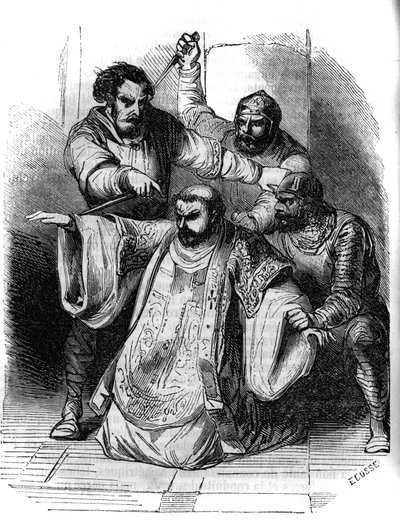 シャルルマーニュの陰謀（792年）：フランク王の殺害を企む陰謀者たちの会話を領主が盗み見る。その中にはシャルルマーニュの息子であるペピン・ザ・ボース（769-811）も含まれている。19世紀のエングレーヴィング。 作： Unknown artist
