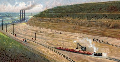 1930年代、ベルギーのリエージュ港とアントワープ港を結ぶアルベール運河の建設（1930年代（30年代）、ベルギーのアントワープとリエージュを結ぶアルベール運河の掘削） Chromolithography 作： Unknown Artist