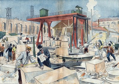 1898年、1900年の万国博覧会に合わせてパリに建設されたグランパレ。中央はダイヤモンドをカットするためのダイヤモンドホイール。7月3日付「ル・ペレラン」掲載のイラスト 作： Unknown artist