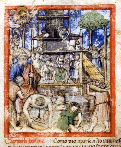 バベルの塔の建設。コーデックス212（またはパドヴァノ・コーディス、パドヴァの聖書）のミニチュア 1390-1400年 ロヴィゴ、アカデミア・デイ・コンコルディ社 作： Unknown artist