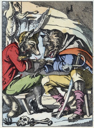 オオカミとキツネの会話。Jean de la Fontaineの寓話に倣った物語「Compere le Loup, Maitre Renard, Comere la Chevre et ses petits biquets」の挿絵。小さな子供たちのための家庭の物語」にて。の匿名のエングレーヴィング。 作： Unknown artist
